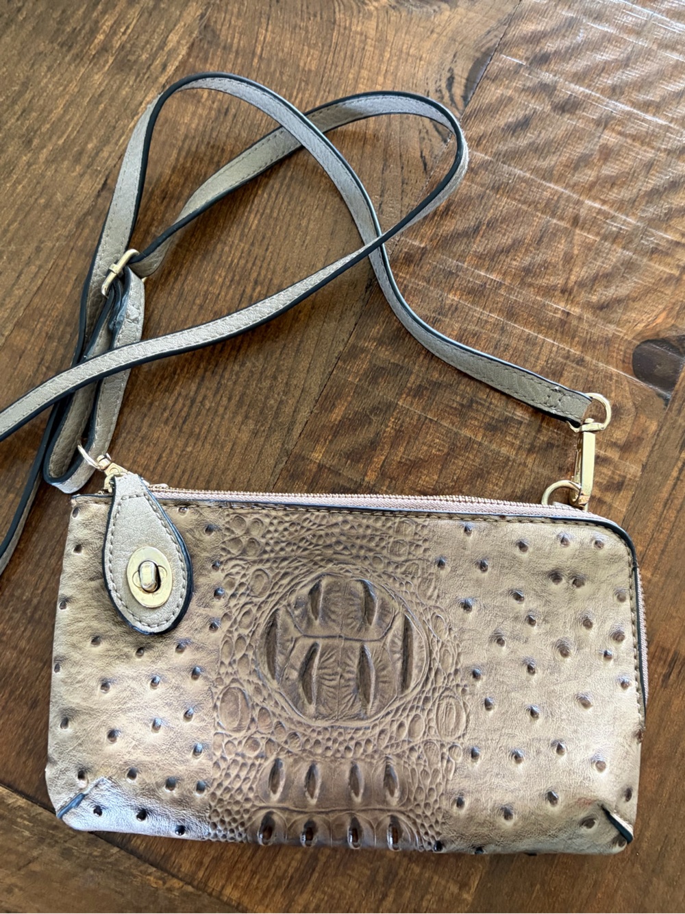Croc-Embossed Crossbody Wristlet in Taupe